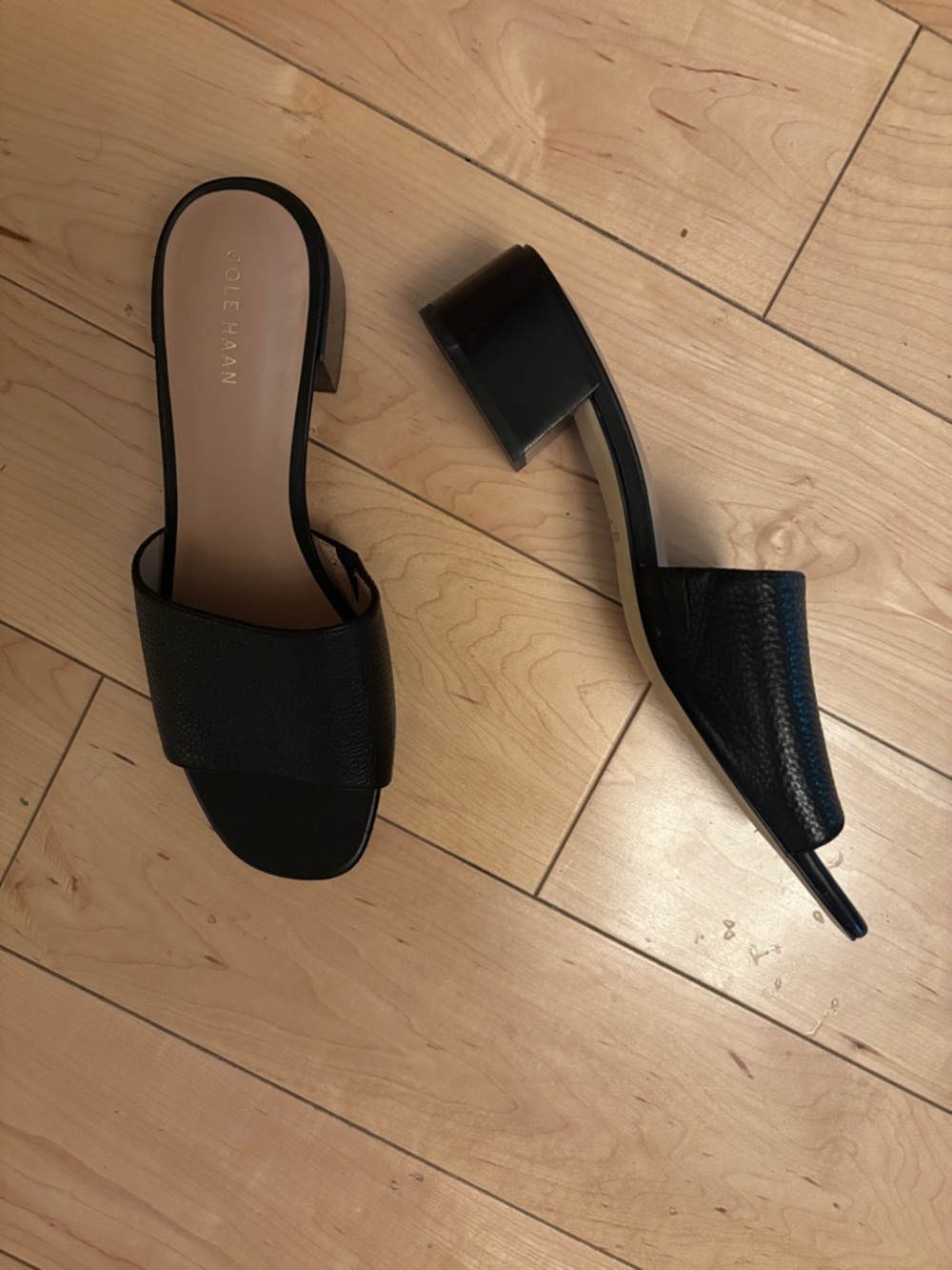 New Cole  Haan Black Leather Block Heel Slide Mules
